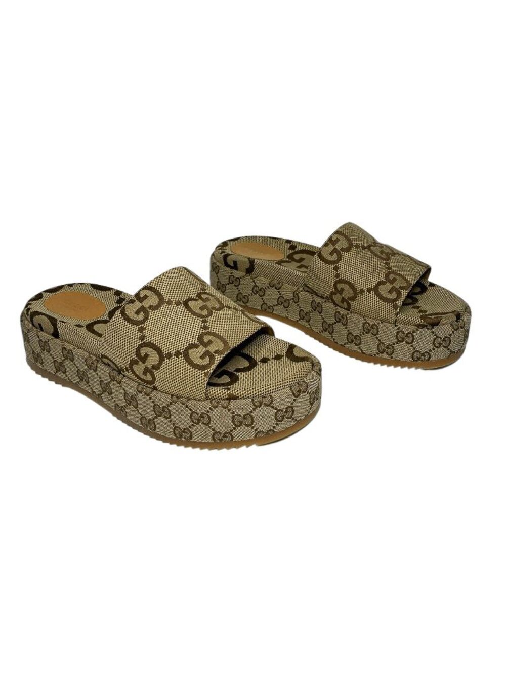 Gucci Macro GG Canvas Platform Slide Sandals EU 42 Camel Ebony Brown Logo Wedge